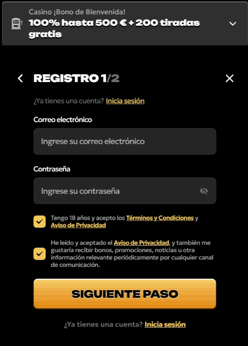 Spinsy Casino Registro con Bono de Bienvenida Spinsy Casino formulario de registro con bono de bienvenida y creación de cuenta